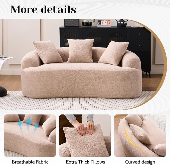 65" Curved Loveseat for Small Spaces,Boneless Loveseat Sofa,Wood Grain Chenille Fabric, No Installation Requirement, Curved Sofa Couch for Apartment,Living Room,Office (Apricot, 65")