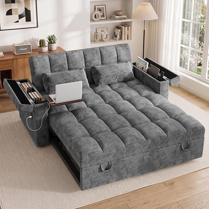 65'' Sleeper Sofa Bed, Pull Out Couch with Side Table | USB Charging Port | Adjustable Backrest | Chenille Fabric, Convertible Loveseat for Living Room, Apartment, Small Spaces (DeepGray)