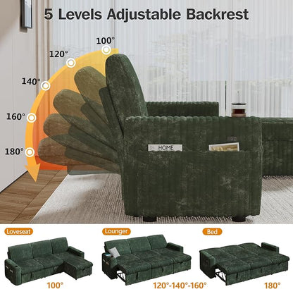 Sunny Heart 101" Plush Corduroy L Shaped Sectional Sleeper Sofa Bed with Pull Out Bed, Reclining Backrest, Reversible Storage Chaise, USB Ports, Cup Holders, Tool Free Assembly,Forest Green