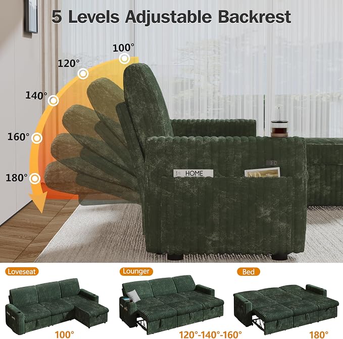 Vipbear 101" Sectional Sleeper Sofa with Pull Out Bed,5-Level Adjustable Backrest,3 Seat Modular Couch with Storage,Tool Free Assembly,USB & Cup Holders, Corduroy Sofa for Living Room, Green