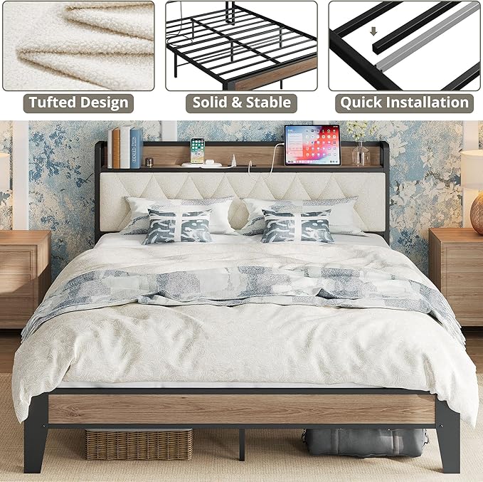 ANCTOR Queen Bed Frame with Storage Headboard & Charging Station, Metal Platform Queen Bed, Upholstered Tufted Headboard, Heavy Duty Slat Support, Noise Free, No Box Spring Needed, Wood and Cream