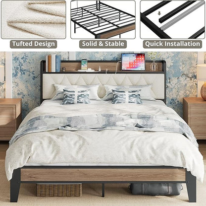 ANCTOR Queen Bed Frame with Storage Headboard & Charging Station, Metal Platform Queen Bed, Upholstered Tufted Headboard, Heavy Duty Slat Support, Noise Free, No Box Spring Needed, Wood and Cream