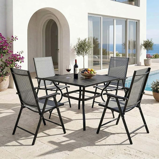 5-Piece Outdoor Dining Set for 4, E-Coated Rust-Resistant Metal Patio Table with 1.57" Umbrella Hole and 4 Folding High Back Mesh Chairs, All-Weather Furniture for Garden, Backyard, Deck (Grey)