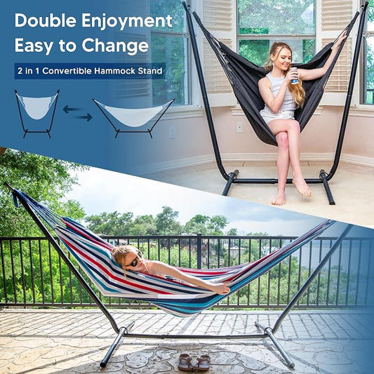 SUNCREAT 2-in-1 Convertible Portable Double Hammock with Stand Included, Outdoor Hammock and Stand, Patented, Sea Blue