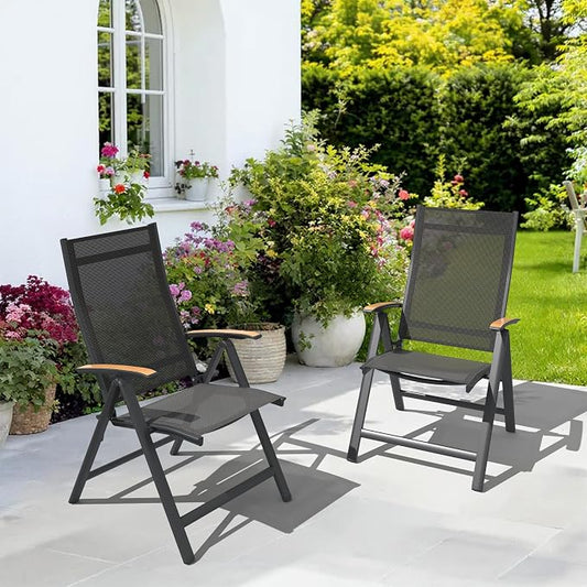 Pellebant 2 Pieces Aluminum Outdoor Dining Chairs, Patio Foldable Adjustable Backrest Armchair, Weather Resistant Outdoor Furniture Set for Deck, Porch & Backyard