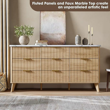 Fluted Dresser for Bedroom with 9 Deep Drawers, 60.6" Wide Modern Chest of Drawer with Faux Marble Top, Wooden Dresser TV Stand, Curved Profile Design, for Living Room, Kids Room, Hallway, Natural Oak