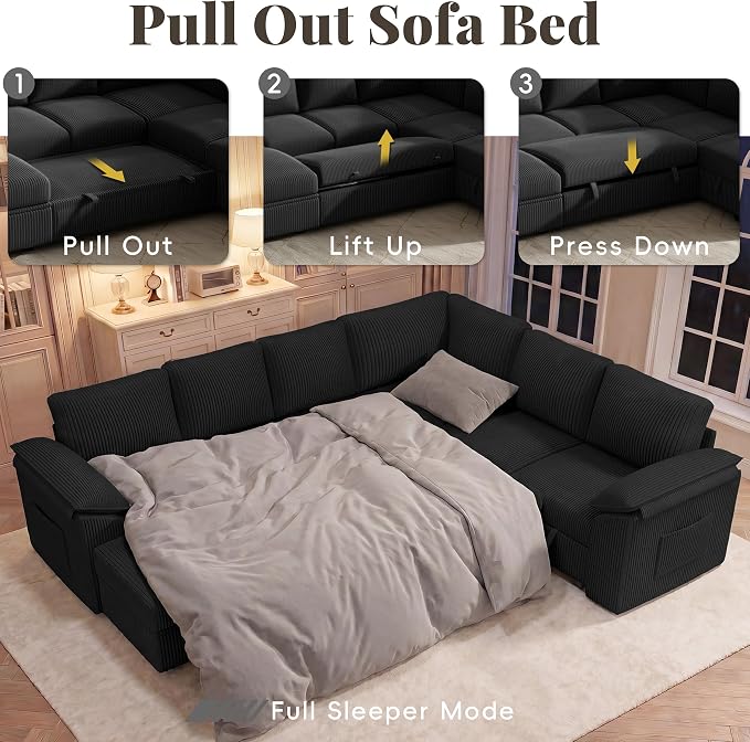 108 Inch Sectional Sleeper Sofa Bed with Pull Out Couch, U Shaped 7 Seat Cloud Modular Sectional Sofa with Storage, Corduroy Sectional Couches for Living Room, Removable Sofa Cover, Black