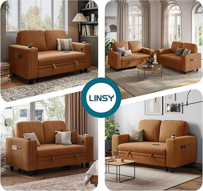 LINSY HOME Sectional Sleeper Sofa Pull Out Couches for Living Room (Brown, Pull Out Couch) | Pull Out Sofa Bed, Storage, USB Charging, Cup Holders, Plush Corduroy