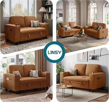 LINSY HOME Sectional Sleeper Sofa Pull Out Couches for Living Room (Brown, Pull Out Couch) | Pull Out Sofa Bed, Storage, USB Charging, Cup Holders, Plush Corduroy