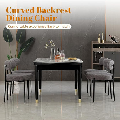 DYHOME Dark Grey Dining Chairs Set of 6, Mid-Century Modern Dining Chairs, Kitchen Dining Room Chairs, Curved Backrest Round Upholstered Boucle Sherpa Dining Chair with Black Metal Legs
