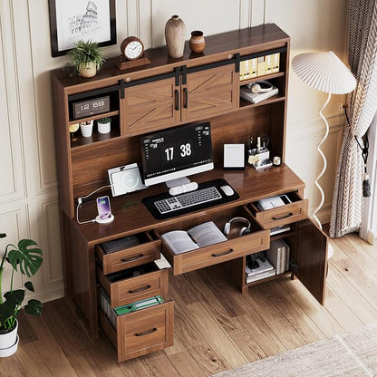 LUMISOL Farmhouse Executive Desk with Hutch and Charging Station, Computer Desk with 2 Sliding Barn Doors, 5 Drawers and Storage Cabinet with 3-Position Adjustable Shelf, Walnut