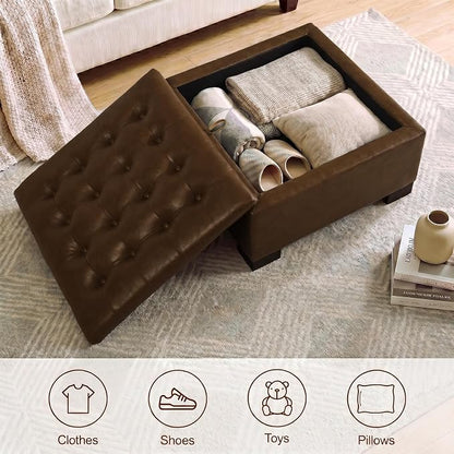 30 Inch Square Storage Ottoman Coffee Table, Modern Tufted Upholstered Ottoman with Flip Tray and Solid Wood Legs, Suitable for Living Rooms, Faux Leather Coffee