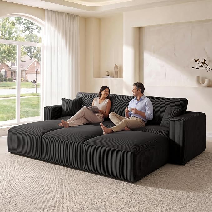 Modular Sectional Sofa Bed with Chaise, 115" Memory Foam Cloud Couch, Boneless Corduroy Upholstered Floor Couch, No Assembly Required Living Room Furniture for Apartment Home, Black