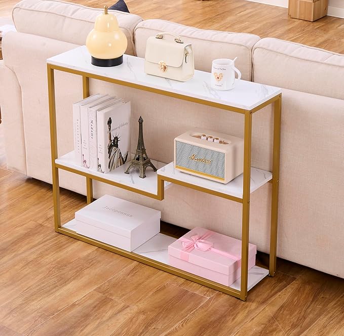 loglus Console Table for Entryway, Faux Marble MDF Sofa Table with Golden Frame, White Marble, 9.45" D x 38.18" W x 31.22" H