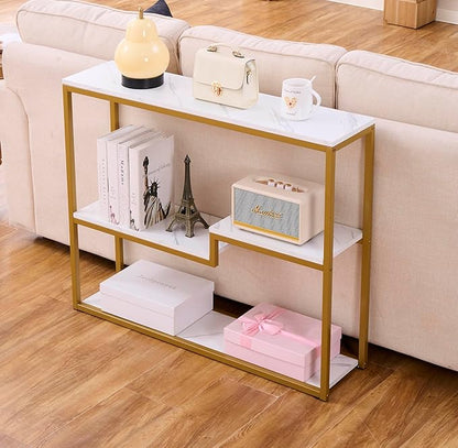 loglus Console Table for Entryway, Faux Marble MDF Sofa Table with Golden Frame, White Marble, 9.45" D x 38.18" W x 31.22" H