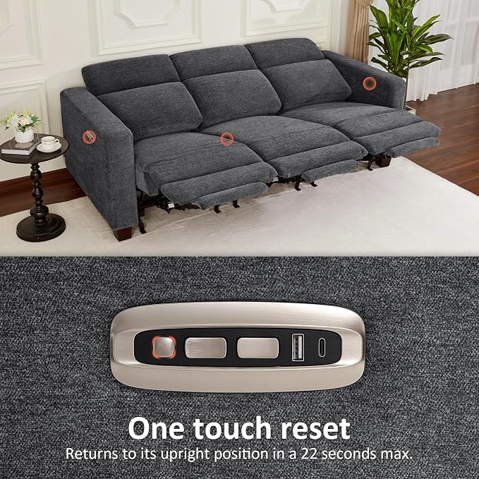 MCombo 88.6'' Reclining Sofa, Wall Hugger Power Recliner Sofa with Adjustable Headrest, USB A & C Charge Ports, Wood Legs, for Living Room (Fabric, HL198M3) (Dark Grey, 3-Seater)