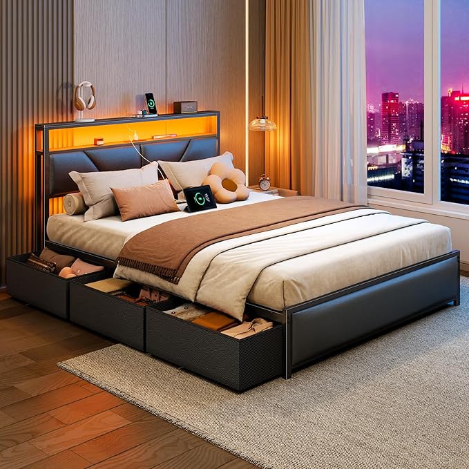OURPIC Queen Bed Frame, 2-Tier Storage Headboard & 6 Fabric Drawers, PU Leather Upholstered Queen Size Platform Bed with Charging Station and LED Lights, No Box Spring Needed, Noise Free