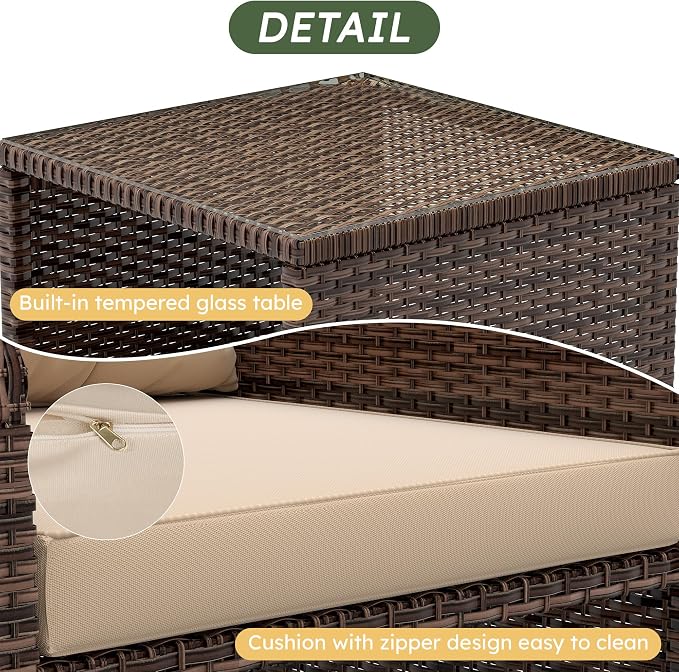 LHBcraft Balcony Furniture 5 Piece Wicker Patio Furniture Set, Outdoor Hand-Woven Rattan Lounge Chairs with Tempered Glass Coffee Table, Ottomans & Soft Cushions for Front Porch, Garden, Brown