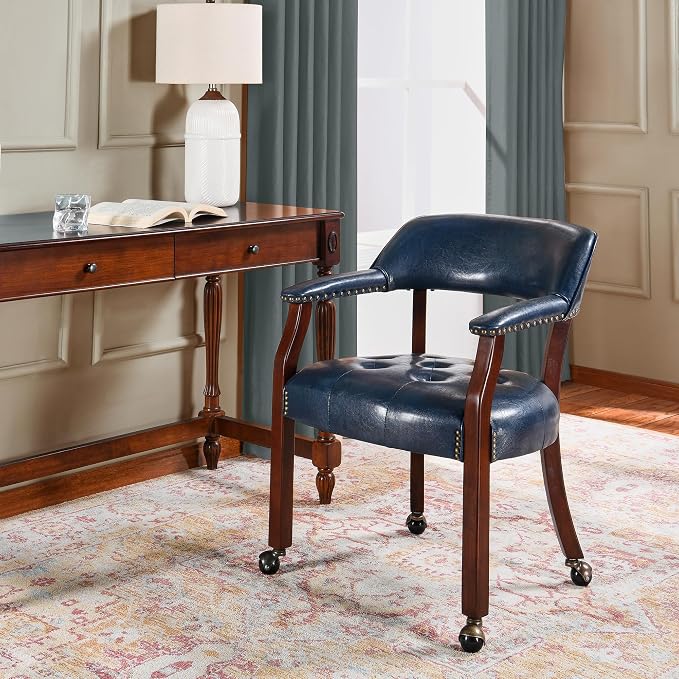 LEEMTORIG Large Dining Chairs with Casters and Arms, Rolling Dining Chairs with Wheels, Solid Wood Boss Caption's Chairs Office Desk Chairs, 26"D x 25.2"W x 31.5"H, Cherry Legs & Blue PU SY-1533-LB