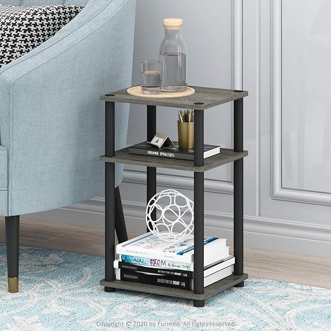 Furinno JUST Side Table Set of 2, 3-Tier Modern End Tables, Open Shelves Night Stand, Nightstand Set, Toolless Assembly, for Living Room, Bedroom, French Oak