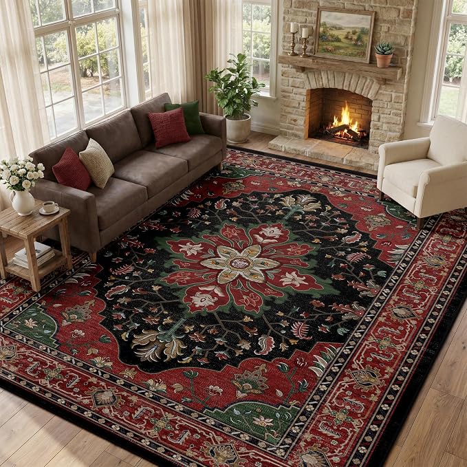RELEANY Area Rugs Large 10'x12' Washable Non-Slip, Floral Vintage Distress Medallion Carpet for Living Room Bedroom Dining Room, Red Black