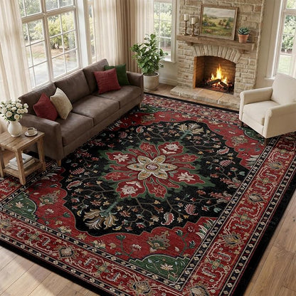 RELEANY Area Rugs Large 10'x12' Washable Non-Slip, Floral Vintage Distress Medallion Carpet for Living Room Bedroom Dining Room, Red Black