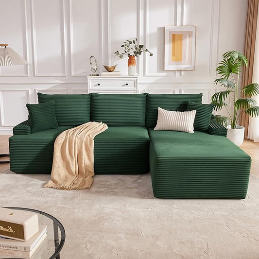 Mangodan Cloud Sectional Sofa, Boneless Couch for Living Room, Modular Sectional Sofa with Deep Seat, Fluffy L-Shaped Comfy Couch with Right-Facing Chaise, No Assembly Required, Green