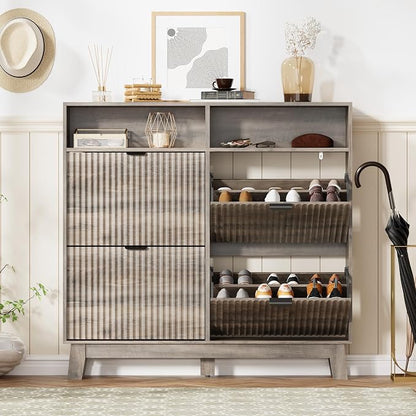 Shoe Cabinet Storage for Entryway with 4 Flip Drawers, Fluted Narrow Shoe Organizer with Wooden Legs & Top Cubby, Freestanding Slim Shoe Storage Hidden Shoe Rack for Front Door Entrance, Grey