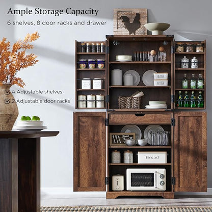 ACCOHOHO 72" Tall Kitchen Pantry, Farmhouse Storage Cabinet with Barn Doors, Organizer, Drawer and Adjustable Shelves, Rustic Wood Cupboard for Kitchen, Dining Room, Bathroom and Hallway, Walnut