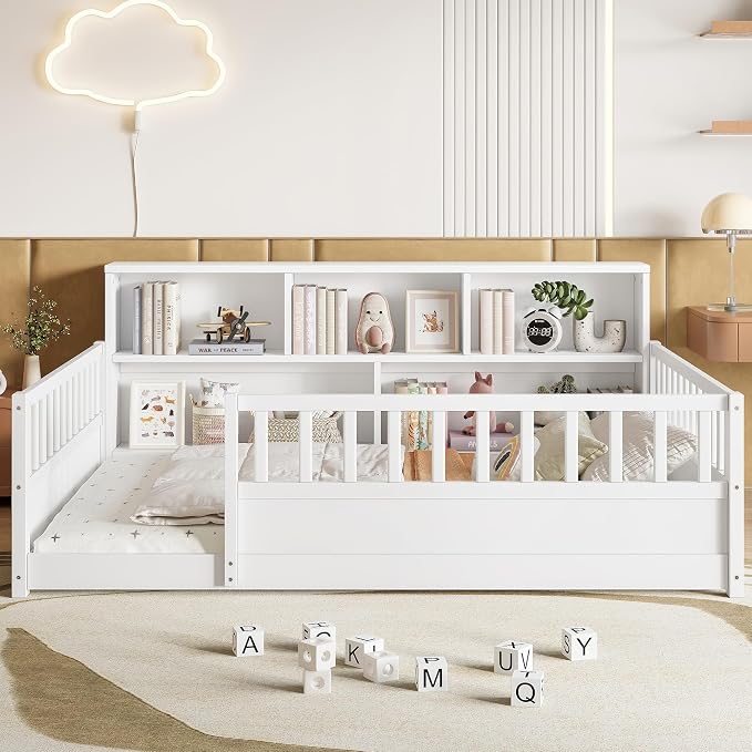 Bellemave Full Size Montessori Floor Bed with Bookcase, Full Size Floor Bed with Rails and Storage Shelves, Easy Assemble Montessori Beds Frame for Girls, Boys, White