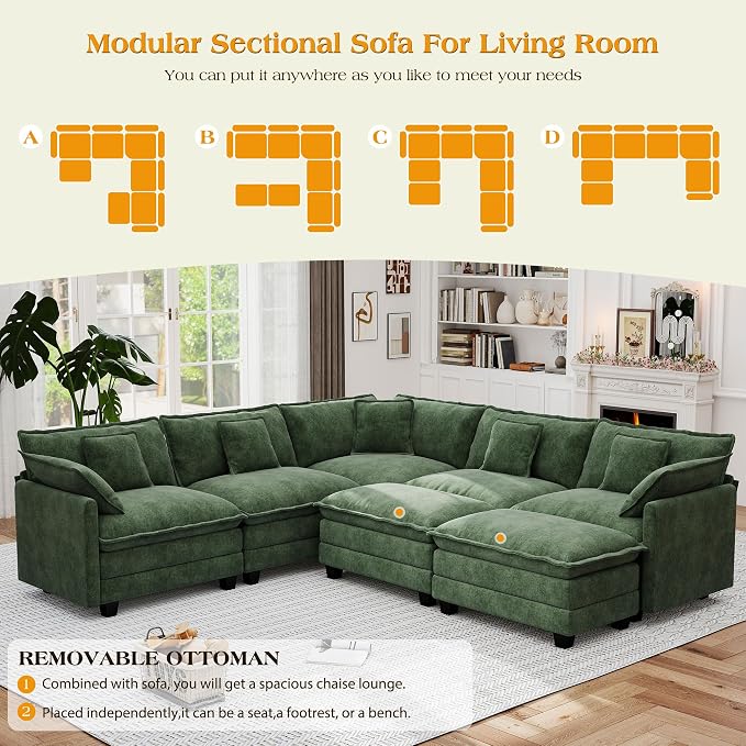 113.8" Modular Sectional Sofa,Cloud Couch for Living Room,Modern Deep Seat Sofa 5 Seater Chenille Fabric Comfy L Shaped Couches with Throw Pillows & Movable Ottoman for Apartment