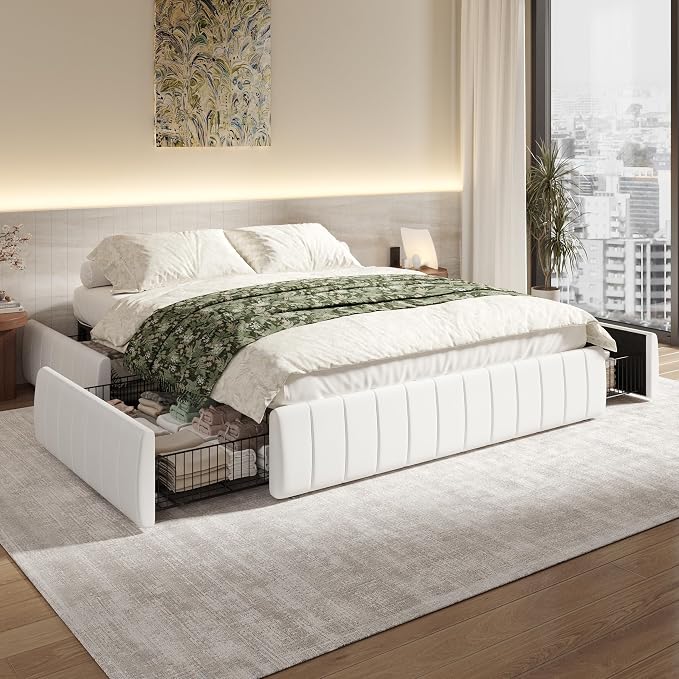 SHA CERLIN Queen Size Velvet Upholstered Platform Bed Frame with 4 Storage Drawers, Vertical Channel Tufted, Low Profile, Fits Standard Headboards, Wooden Slats Support, Easy Assembly, White