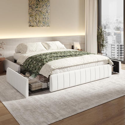 SHA CERLIN Full Size Velvet Upholstered Platform Bed Frame with 4 Storage Drawers, Vertical Channel Tufted, Low Profile, Fits Standard Headboards, Wooden Slats Support, Easy Assembly, White