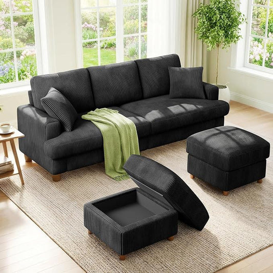 Kidirect 87in U Shaped Couch, Modular Sofa No Tool Assembly, Comfy Sectional Couches for Living Room 21in Deeper Seats, Corduroy Sofas for Living Room with 2 Pillows, Loveseat Sofa Set, Black Couch