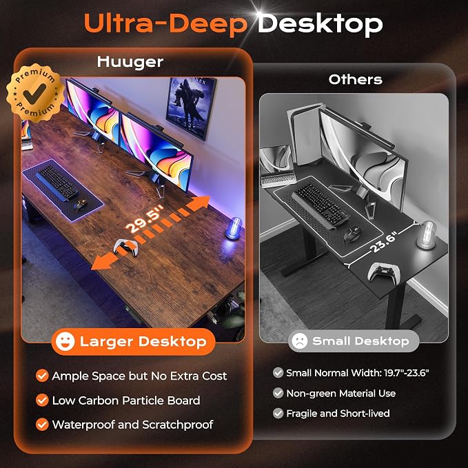 Huuger 78.7'' x 29.5'' Large Electric Standing Desk, Height Adjustable Computer Desk, 29.5" Deep Desktop, Stand up Gaming Office Desk with 2 Hooks, 3 Preset Heights, for Home Office, Rustic Brown