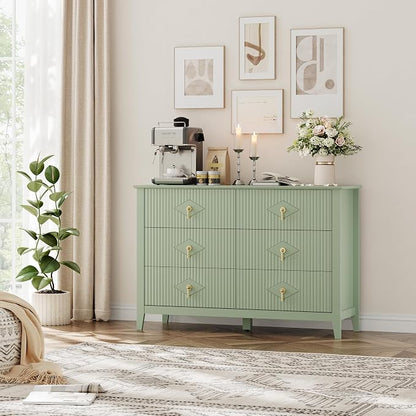 GarveeHome Fluted Dresser for Bedroom, 47.2 Inch Wide 6-Drawer Wood Dresser, Modern Chest of Drawers, Storage Organizer Cabinet for Living Room, Hallway, Entryway, Green