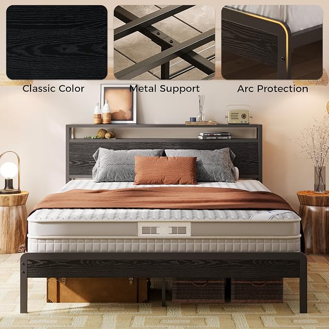 LIKIMIO Queen Bed Frame with Headboard, Dark Wood Camas Queen with Strong Supports, Sturdy, Noise-Free, No Box Spring Needed, Black