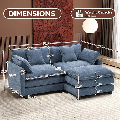 Ihanherry 77" L Shaped Modern Sofa Modular Sectional Cloud Couch with Ottoman, 3-Seat Chenille Deep Seat Sofa with Pillow for Living Room, Bedroom and Apartment, Blue