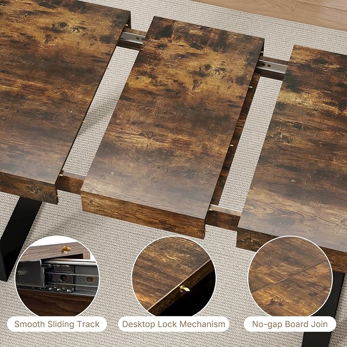 Zevemomo 63"-78.7" Extendable Dining Room Table for 6-8, Expandable Dinner Table Rectangular Kitchen Table Farmhouse Wooden Tables for Dining, Kitchen, Office, Living Room, Space Saving-Rustic Brown