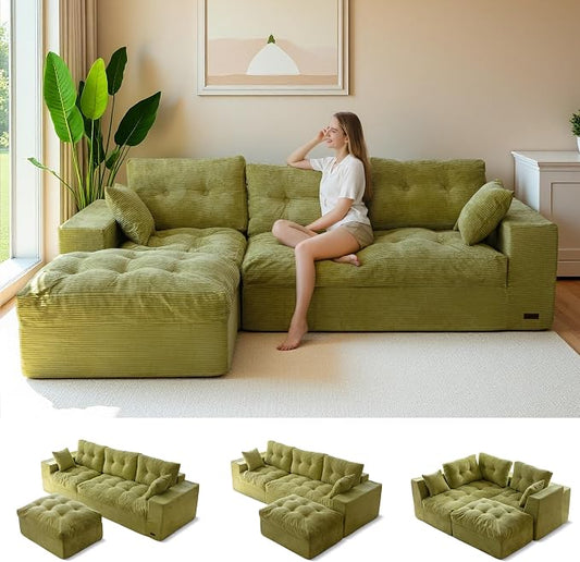 MAXYOYO 96" L Shaped Modular Sectional Sofa with Ottoman, Cloud Boneless Couch with Layered Cushion, Upholstered Sofa in a Box, Flexible Module Combination for Living Room, No Assembly, Green
