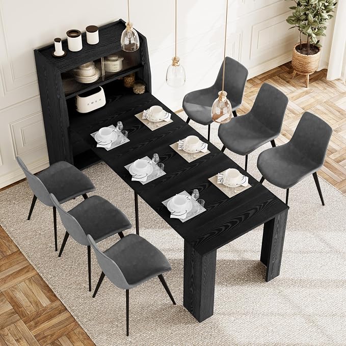 HIPIHOM 86.6" Extendable Kitchen Table Set for 6, Storage Cabinet | Space-saving Extendable MDF Dining Set with 6 Grey Chairs, Family Meal, Apartment, Small Room