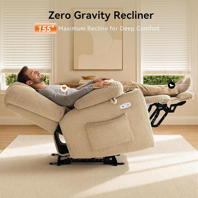 MCombo Zero Gravity Power Recliner Chair with Heat and Vibration Massage, Reclining Chair with USB & Type C Ports, Cup Holders for Living Room, Fabric 8015 (Beige)