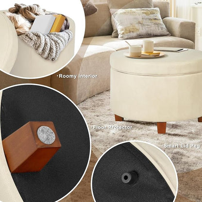 HomePop Round Leatherette Storage Ottoman with Lid, Ivory Large