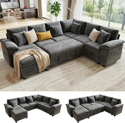107.8" Modular Sectional Sleeper Sofa with Pull Out Bed, U Shaped 7 Seat Couch with 221L Storage, Convertible Cloud Couch Bed with Ottoman, Sectional Couches for Living Room, Apartment (Gray)
