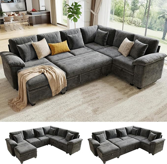 107.8" Modular Sectional Sleeper Sofa with Pull Out Bed, U Shaped 7 Seat Couch with 221L Storage, Convertible Cloud Couch Bed with Ottoman, Sectional Couches for Living Room, Apartment (Gray)