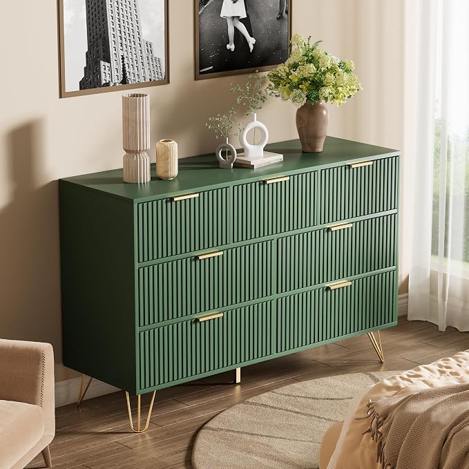 Furniway Dresser for Bedroom, Fluted Modern Dresser with Gold Pulls and 7 Drawers, 15.7" D x 47.2" W x 31.4" H, Green