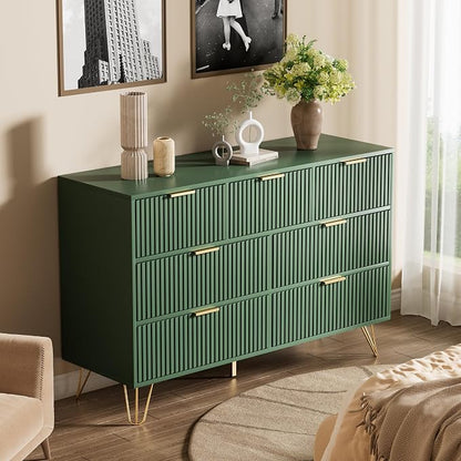 Furniway Dresser for Bedroom, Fluted Modern Dresser with Gold Pulls and 7 Drawers, 15.7" D x 47.2" W x 31.4" H, Green