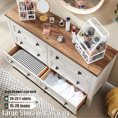T4TREAM 54" Wide Farmhouse 6-Drawer Dresser for Bedroom, Antique White | Rustic, Wood Storage Cabinet, Metal Handle, Unique Corner Accent, Bedroom, Living Room, Hallway