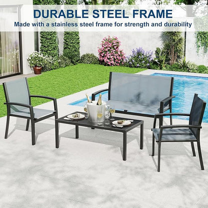 Garvee 4 Piece Patio Bistro Furniture Set, Outdoor Conversation Set with 3 Chairs, Loveseat & Glass Coffee Table, All-Weather Textilene Fabric & Steel Frame for Backyard, Poolside, Porch, Lawn - Grey