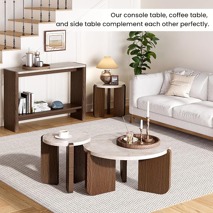 SUNBURY Modern Round Coffee Table with Sturdy Base, Wood Center Tables for Living Room Reception Room, Faux Marble Tabletop, Easy Assembly (Only One Coffee Table Included)